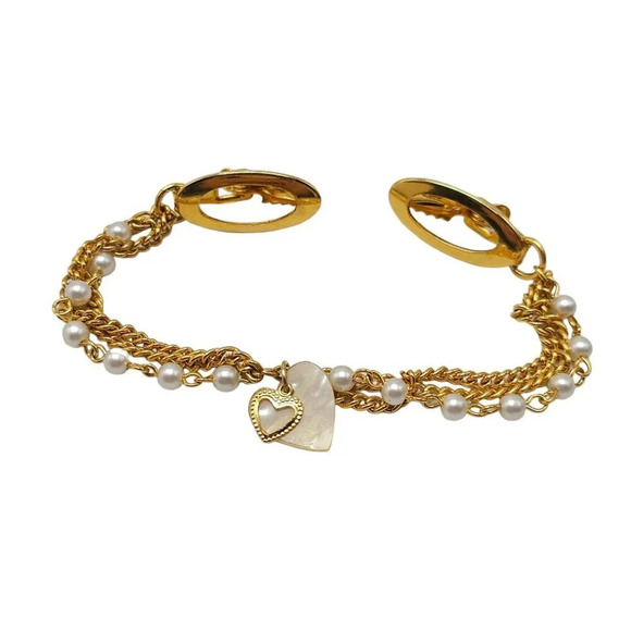 Faux Pearl Beaded Heart Charm Double Chain Sweater Clip Gold Tone Vintage - Picture 1 of 4